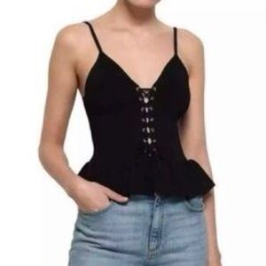 Sandro Knit Lace Up Peplum Black Top